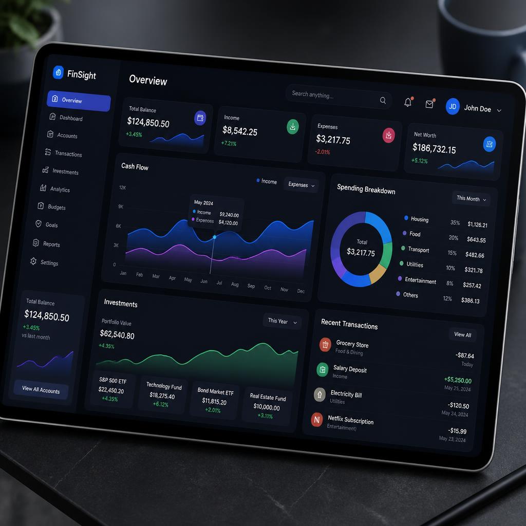 Modern digital financial dashboard on tablet with interactive graphs and analytics interface, no people, dark theme UI, 3D render style